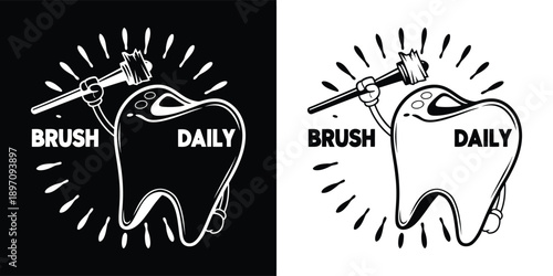 Cartoon molar character brushing itself with a toothbrush emphasizing the importance of daily oral hygiene habits