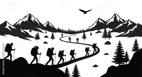 Hikers trekking on a mountain path with backpacks and walking sticks.