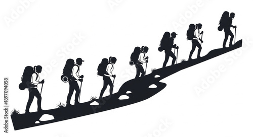 Hikers walking uphill silhouette with backpacks and trekking poles.