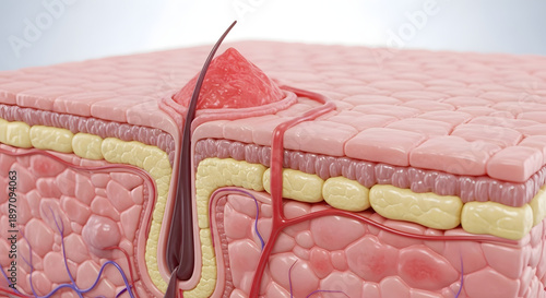 Detailed 3D anatomy of human skin with hair follicle