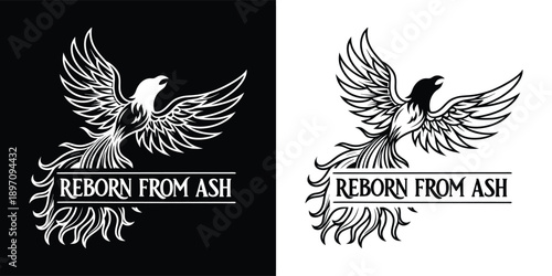Striking black and white phoenix logo design featuring stylized wings and the impactful phrase reborn from ash below.
