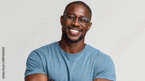 Confident african male adult smiling in glasses and casual attire.