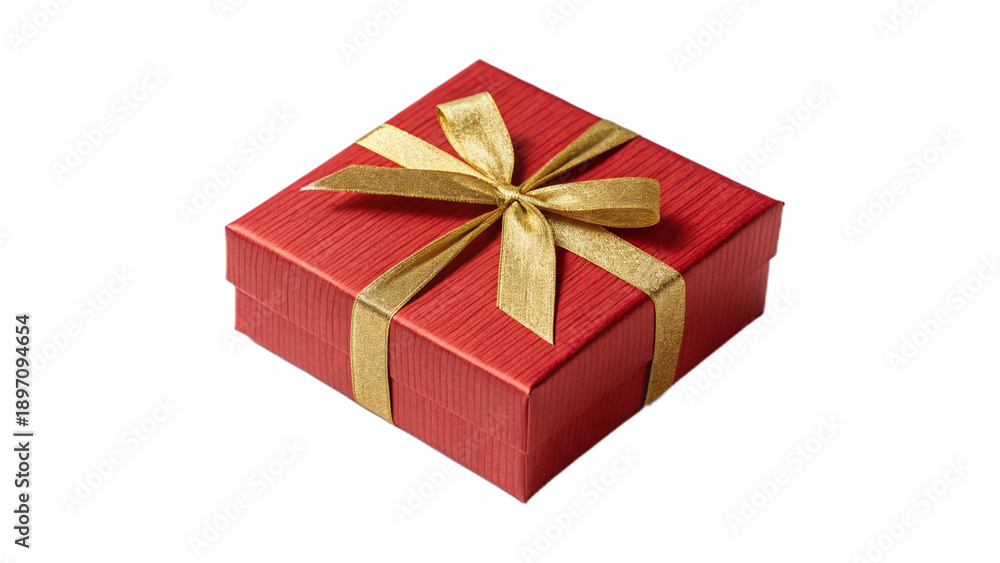 Obraz premium Red gift box with gold ribbon tied in a bow on top isolated on transparent background for christmas or birthday