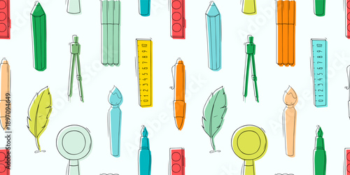Seamless pattern with school and office stationery. Education concept background with study supplies, pencils, pen, ruler, paints and brush, vector cartoon illustration