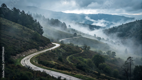 Winding mountain road through foggy hills and trees on a cloudy day