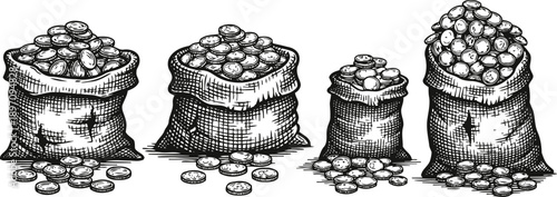sacks filled with coins vintage hand drawn money bags with scattered currency rounds wealth and savings concept illustration
