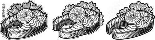 salmon steak with lemon slice and lettuce garnish, hand drawn seafood illustration set