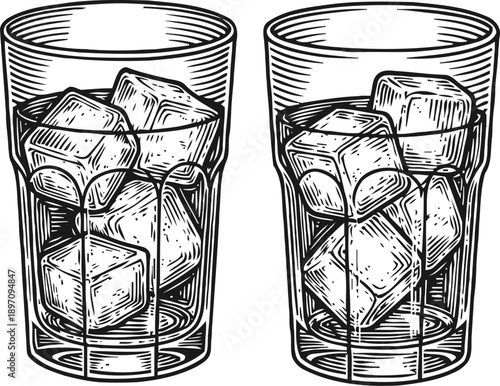 Two glasses filled with ice cubes, cold refreshing water drink illustration