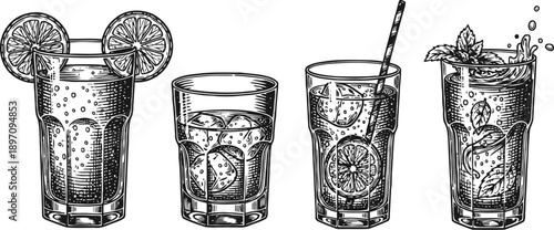 hand drawn citrus beverages in glasses with ice, lemon slices, mint leaves, and straws, refreshing summer drinks