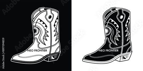 Black and white graphic design showcasing a stylized cowboy boot logo variation side by side for versatility in different backgrounds.