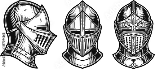 Medieval knight helmets set vintage armor head protection elements with detailed engraving and visor designs in black and white