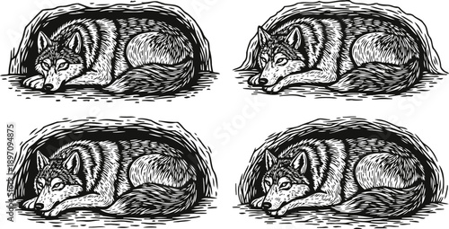 Resting wolf illustrations in black and white with detailed fur and attentive eyes set