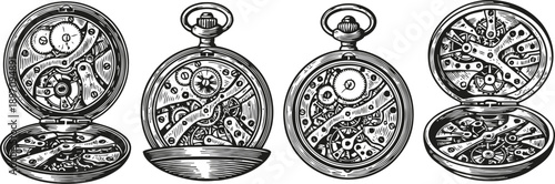 vintage pocket watch mechanisms with intricate gears and clockwork details illustration