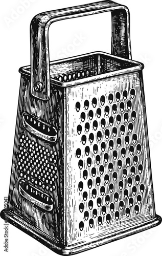 Vintage box grater with multiple grating surfaces and handle for kitchen use