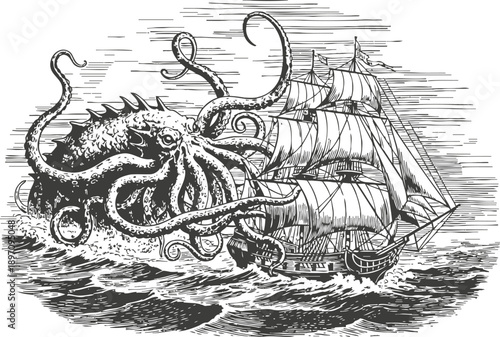 Giant octopus attacking a sailing ship in rough ocean waves, vintage maritime adventure scene