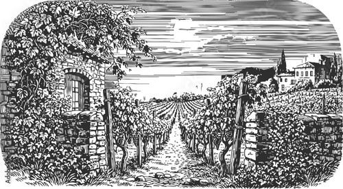 Vineyard entrance with stone gate and rows of grapevines extending towards distant hills under a cloudy sky