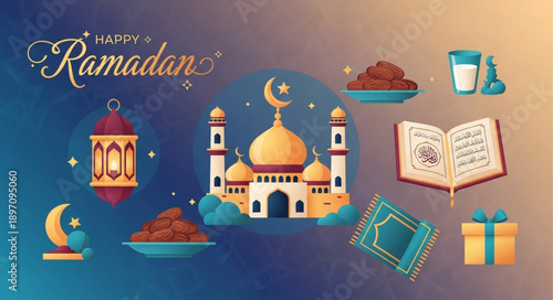 Happy Ramadan Islamic Holiday Celebration Elements.