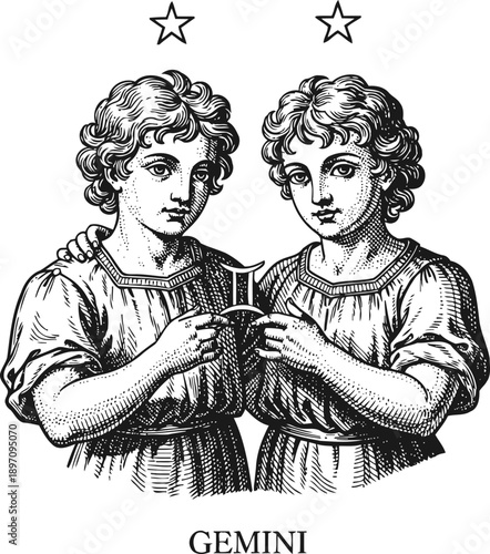 gemini zodiac sign with twins holding symbol and two stars above, vintage astrology illustration
