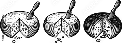 Vintage round cheese wheel with wedge cut and knife black and white engraved dairy illustration in three shading styles