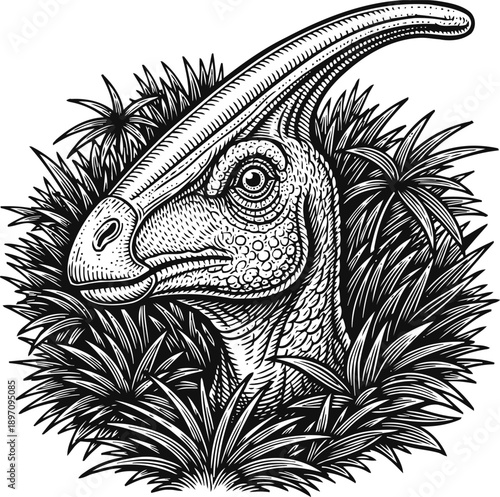Black and white illustration of a parasaurolophus dinosaur head emerging from bushes in prehistoric