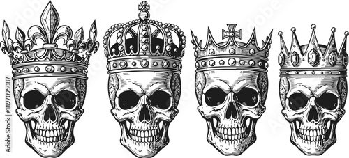 four detailed skulls wearing different crowns gothic medieval royal symbols, dark fantasy charcoal drawing