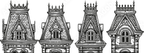 set of old vintage gothic mansard roof towers with detailed architectural features