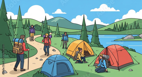 Hikers and campers enjoying a scenic mountain lake landscape.