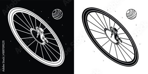 Spaceman floating inside the rotating bicycle wheel in a stark black and white cosmic setting with distant planets visible