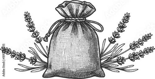 Vintage herbal bag with lavender sprigs, natural aroma sachet, rustic botanical illustration