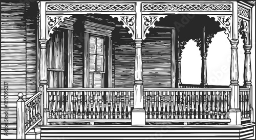 Ornate victorian porch with decorative columns and balustrades in vintage architectural