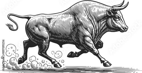 Charging bull illustration powerful strong animal with raised tail and horns in aggressive dynamic pose vintage engraving drawing