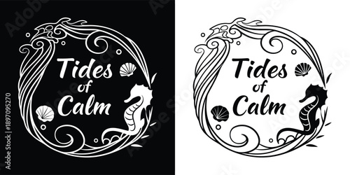 Nautical logo design featuring a seahorse and seashells encircled by stylized ocean waves proclaiming tides of calm