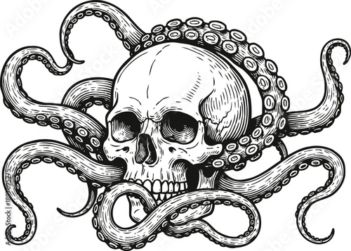 Skull entwined with octopus tentacles, detailed black and white illustration of fantasy marine creature