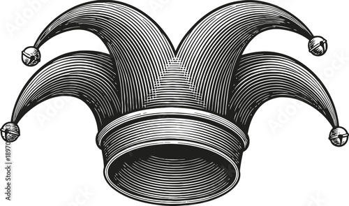 Jester hat illustration vintage black and white carnival or medieval fool cap with bells, historical costume accessory