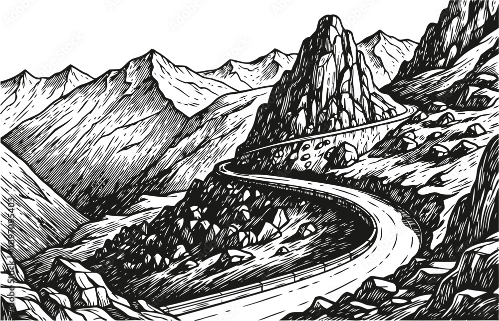 Fototapeta premium Winding mountain road landscape scenic curved pathway through rocky terrain with high peaks