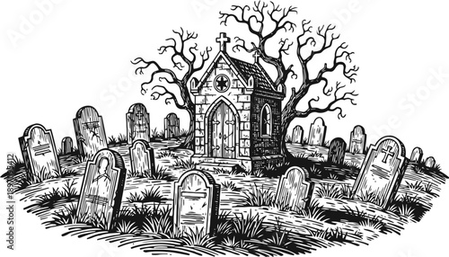 Old graveyard with tombstones and a small chapel surrounded by leafless trees in monochrome sketch