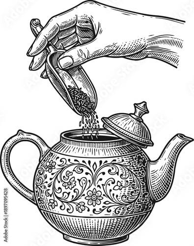 Hand pouring loose tea leaves into a vintage ornamental teapot with floral patterns