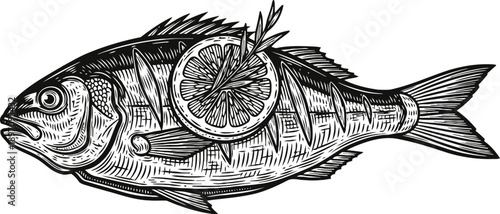 Detailed vintage fish illustration with lemon slice and rosemary garnish