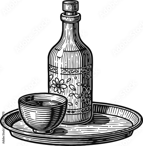 Bottle and cup on a round tray with floral decoration vintage engraved illustration