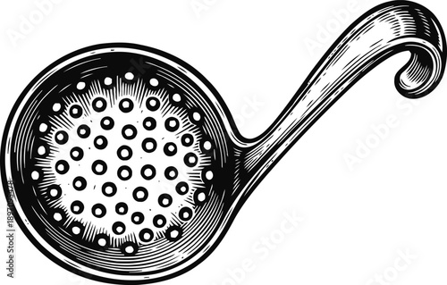 Vintage kitchen sieve with round perforations and curved handle illustration in engraving