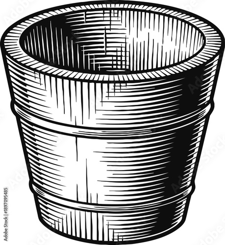 Wooden bucket illustration classic container with cylindrical shape and horizontal lines vintage hand drawn