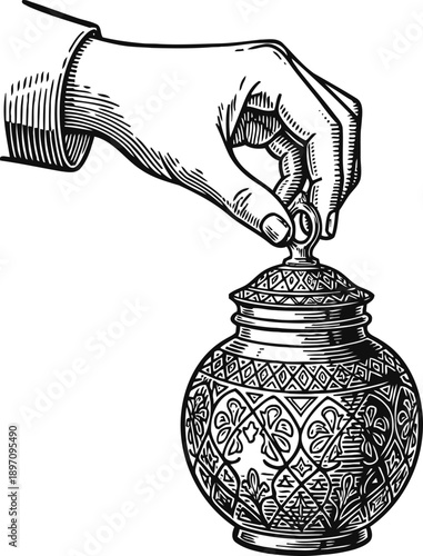 Hand placing lid on ornate decorative jar with intricate floral and geometric patterns