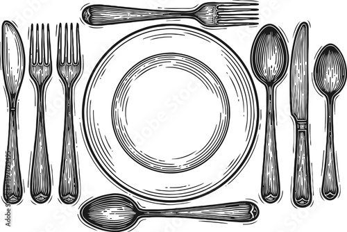 vintage dining set with detailed cutlery and plate, hand drawn tableware illustration