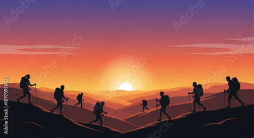 Hikers silhouetted against a vibrant sunset over rolling hills.