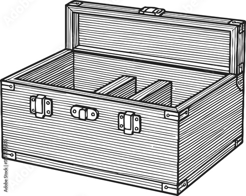 Open wooden toolbox with compartments, classic carpenter tool storage container illustration