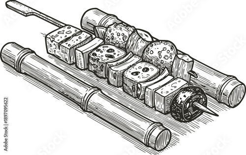 Grilled vegetable and tofu skewers on bamboo sticks, hand drawn barbecue food illustration
