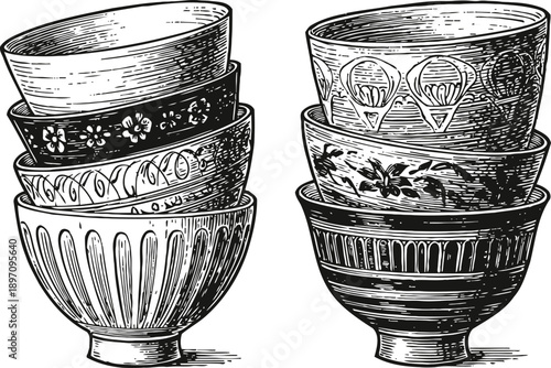 Stacked vintage ceramic bowls with intricate floral and geometric patterns in black and white engraving