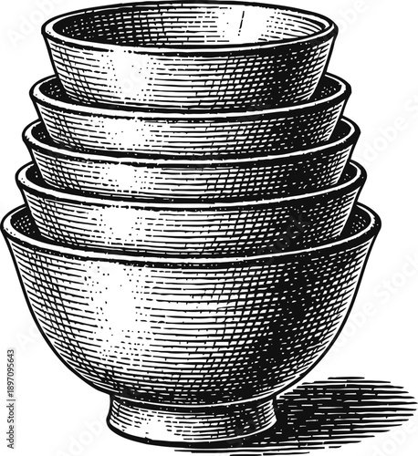 Stacked kitchen mixing bowls vintage black and white engraving illustration of nested ceramic or wooden cooking bowls for food preparation