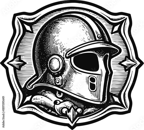 Detailed medieval knight helmet engraving with decorative frame and vintage line art