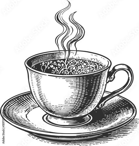 Illustration of steaming hot coffee cup with saucer, vintage hand drawn sketch